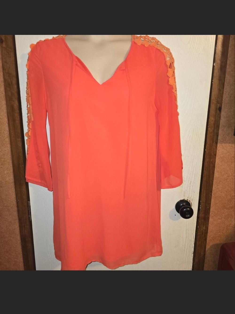 Umgee Coral V-Neck Tunic with Lace-Trim Shoulders